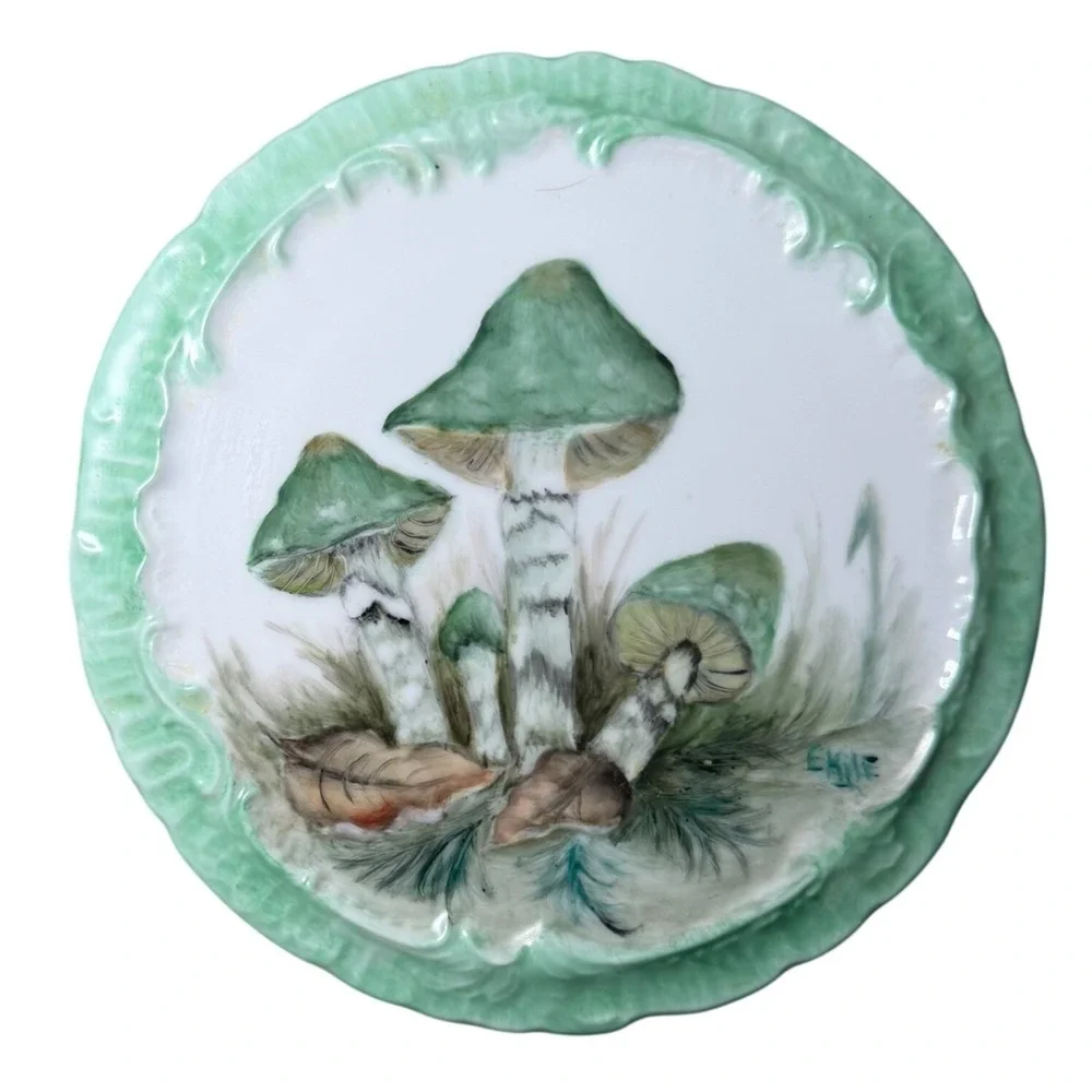 Vintage Mushroom Decorative Plate Painted Green Fairycore Cottagecore Whimsical